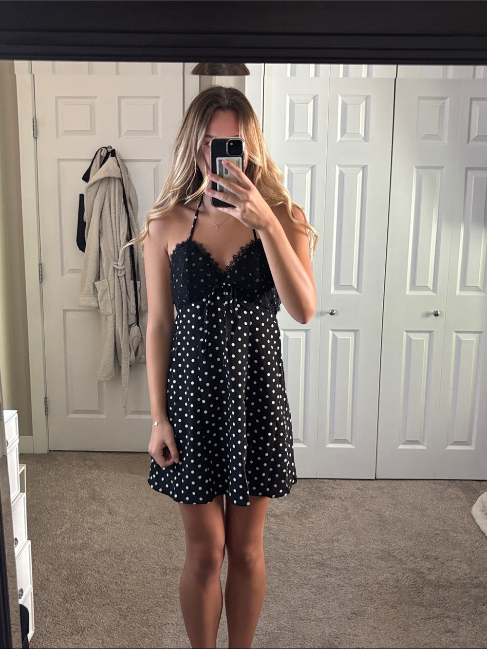 Black Polka Dot Lace Trim Slip Dress